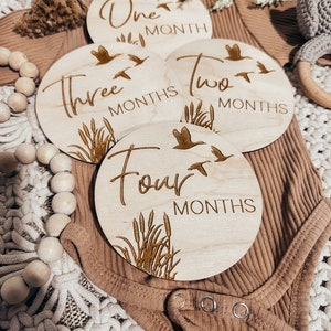 May include: Four wooden baby milestone discs with a rustic brown finish. Each disc features a different number, from one to four, with the word "months" written below. The discs are decorated with a simple design of birds and reeds.
