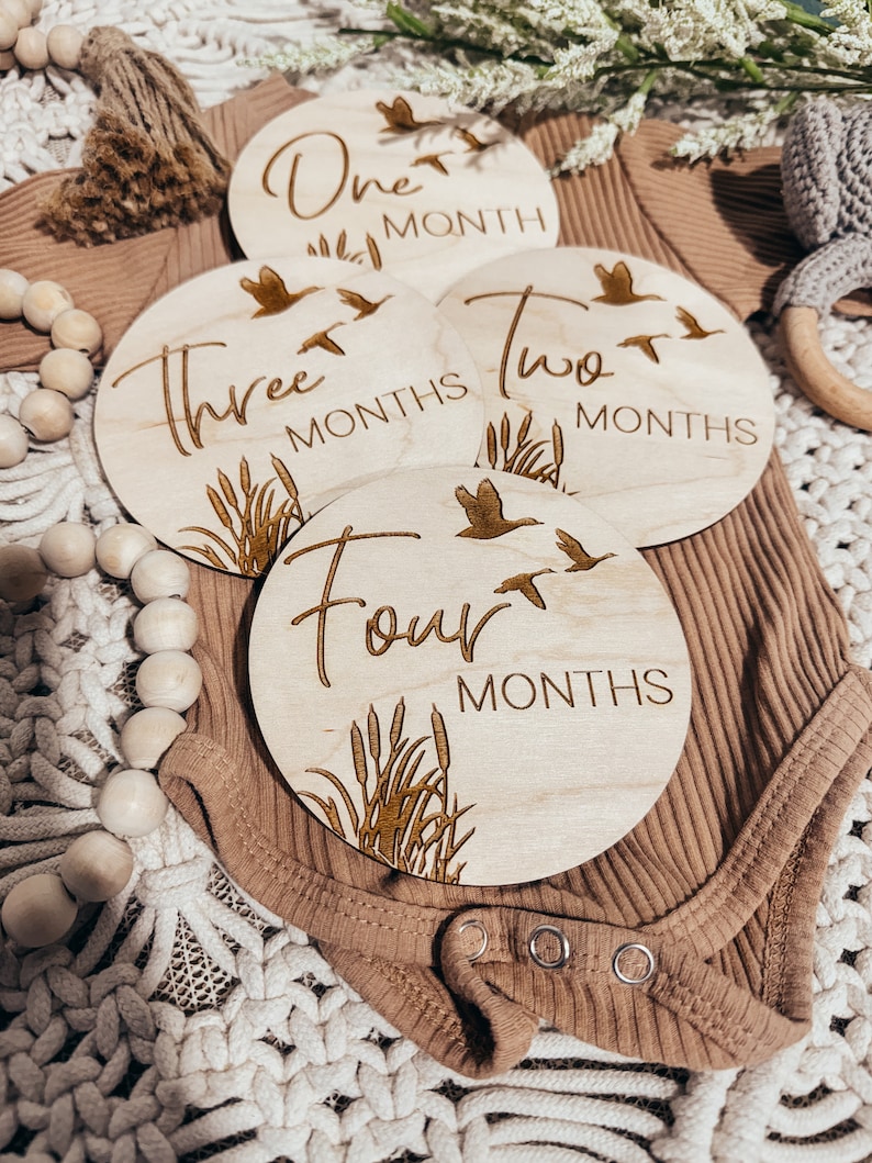 May include: Four wooden baby milestone discs with a rustic brown finish. Each disc features a different number, from one to four, with the word "months" written below. The discs are decorated with a simple design of birds and reeds.