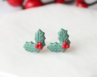 Holly Clay Stud Earrings – Holiday Earrings – Festive Earrings – Christmas Gift – Winter Earrings – Stocking Stuffer – Polymer Clay Earrings