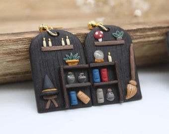 Halloween Witch's Nook Dangly Earrings: Handmade Polymer Clay Fall Jewelry