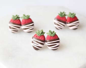 Chocolate-Covered Strawberry Polymer Clay Stud Earrings: Valentine's Day Gift, Miniature Food Jewelry