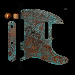 Telecaster Pickguard Copper Blue-Green Teal Patina SET-of-4 w 2 Knobs Handmade Relic Distressed Metal Turquoise Tele Mr Freckles