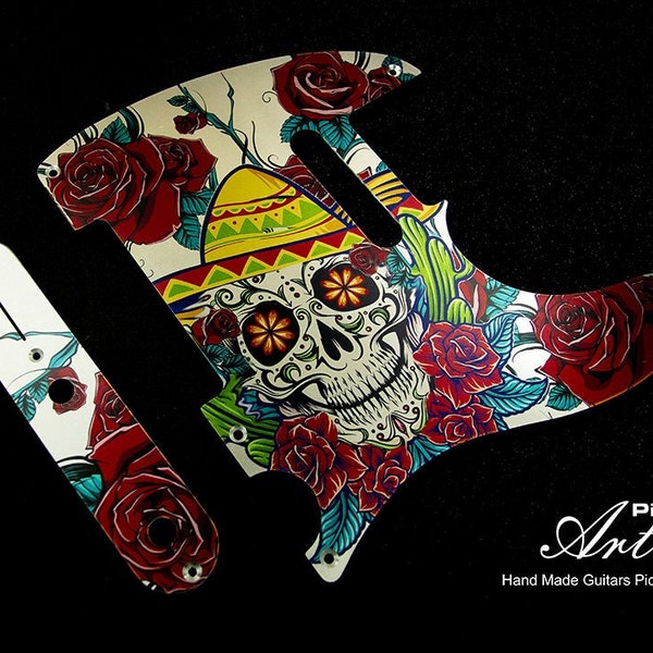 Telecaster Pickguard & Control Plate SET Sugar Skull and Roses on Aluminum Tele Scratchplate Colorful Calavera Day of the Dead