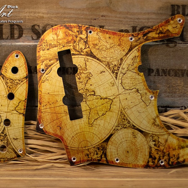 Fender Jazz Bass Pickguard & Control Plate SET - Old Map/Champagne Gold Globe on 2mm Aluminum