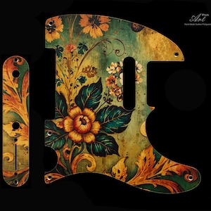 Anodized Aluminum Telecaster Pickguard Floral Green-Gold in Vintage Victorian Style Tele SET-of-2 Metal