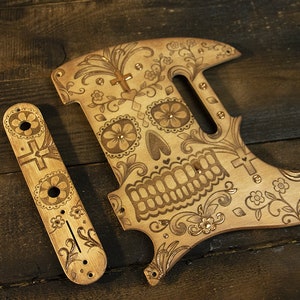 Gravierte Telecaster Pickguard & Control Plate Handbemalt + Vergoldet mit Kupferblätter Tele Scratchplate Cream Sugar Skull