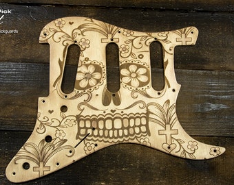 Stratocaster Strat Pickguard SSS 11 Holes Cream Sugar Skull Engraved Handmade Unique Strat Scratch Plate Hand Painted Wood