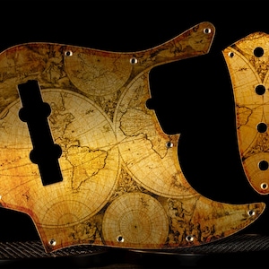Jazz Bass Pickguard & Control Plate SET - Old Map/Champagne Gold Globe on 1.5 mm Aluminum Metal-Glossy Finish