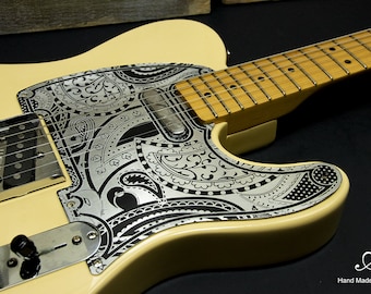 Satin Silver Anodized Aluminum Telecaster Pickguard Paisley Floral Metal Scratch Plate for Tele 1.5 mm