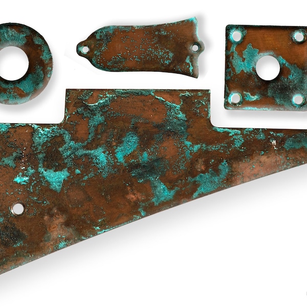 Blue Copper Gibson Les Paul Pickguard SET-of-4 w. Truss Rod Cover, Jack Plate & Poker Chip - Distressed Copper with Blue Patina Aged Unique