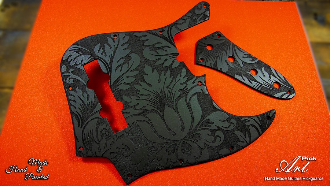 Fender Jazz Bass Pickguard Black & Control Plate SET Engraved Leaves