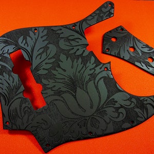 Fender Jazz Bass Pickguard Black & Control Plate – SET - Engraved Leaves Unique Jazz Bass Scratchplate
