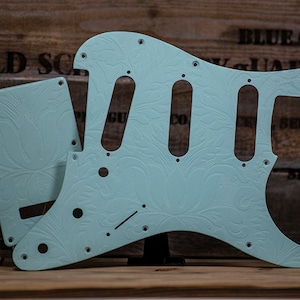 Stratocaster SSS Pickguard & Tremolo Cover SET-of-2 Sonic Blue Engraved Leaves Matte on Wood Light Baby Blue Strat Pickguard