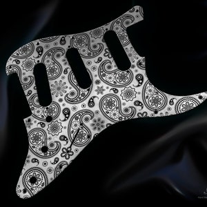 Stratocaster SSS Pickguard Floral PAISLEY Silber-Schwarz Aluminium Metall beschichtet, Platte 1,5mm