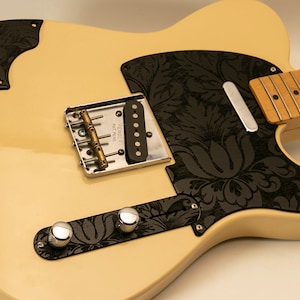 Telecaster Pickguard SET-of-3 with Telecaster Armrest and Control Plate Black Baroque Leaves Engraved Wood Tele Pickguard