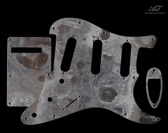 Distressed aluminium Stratocaster SSS-slagplaat zilver SET-van-3 met achterplaat en jackbootplaat - Aged Relic Metal Strat-slagplaat