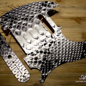 Aluminum Telecaster Pickguard SET-of-2 w Control Plate - Spectacular Glow-in-Dark Silver Snake - 3D Embossed Liquid Glass Hand Painted