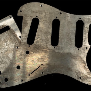 Distressed Aluminum Stratocaster SSS Pickguard Silver SET-of-3 w Back Plate & Jack Boat Plate - Aged Relic Metal Strat Pickguard