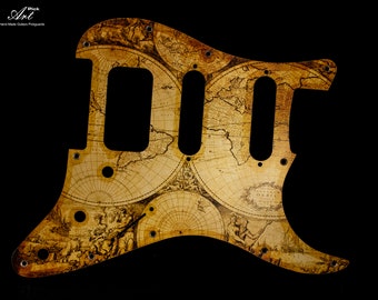 Stratocaster Professional II Pickguard HSS Strat Pickguard Anodized Aluminum Vintage Old Map Champagne Gold Globe on 1.5mm Metal