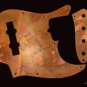 Solid Copper Fender Jazz Bass Pickguard & Control Plate SET: Metal Relic Distressed Aged Patina HandMade Unique Pickguard &quot;The Rainbow&quot;