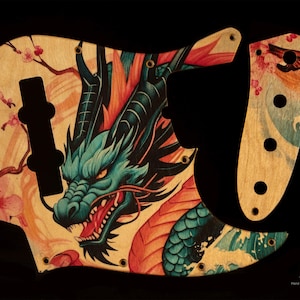 Fender Jazz Bass Pickguard & Control Plate SET-of-2 Colorful Japanese Dragon and Cherry Blossom in Vintage Style 3mm Birchwood
