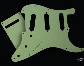 Stratocaster SSS Pickguard & Tremolo Cover SET-of-2 Mint Green Engraved Leaves Matte on Wood Strat Pickguard