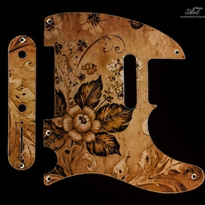 Pickguard Telecaster de alumínio floral em bronze dourado antigo sépia-marrom em estilo vitoriano vintage. Conjunto de 2 pickguards Tele com acabamento em metal acetinado.