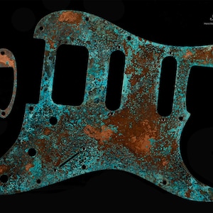 Conjunto de 2 pickguards HSS para Stratocaster, &quot;Azul Enferrujado&quot;, Cobre Sólido Envelhecido com Pátina Azul-petróleo Turquesa, Pickguard Strat Único, Feito à Mão