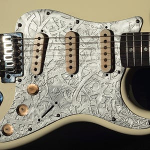 Aluminum Stratocaster SSS Pickguard Silver Antique Etched Metal Engraved Celtic Abstract Geometric Branches Textured Strat Pickguard