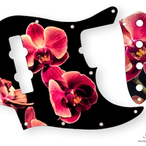 Fender Jazz Bass Pickguard Floral Black & Control Plate SET-of-2 - Beautiful Orchid on 3mm Wood Hand Made Scratch Plate