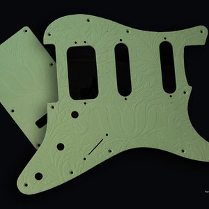 Stratocaster Professional II HSS Pickguard & Tremolo Cover SET-of-2 Mint Green Engraved Leaves Matte
