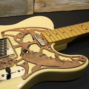 Engraved Telecaster Pickguard & Control Plate SET Unique Handmade Coppery Wood Tele Scratchplate Star Trek Klingon Grid