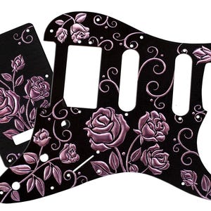 Embossed 3D SET-of-3: Stratocaster HSS Pickguard Professional II - Purple-Black Roses Engraved, Gilded and Hand Painted in Resin