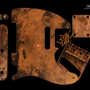 Premium koperen telecaster-slagplaat, groot SET-van 7 "Volcano" + verkoperde stalen brug + nekplaat + knoppen: verweerd koper met patina