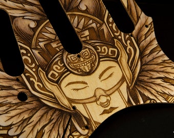 Stratocaster SSS Pickguard - Meditation - Engraved and Hand Painted in Acrylic on Wood - Cream-Brown Hand Made Strat Pickguard