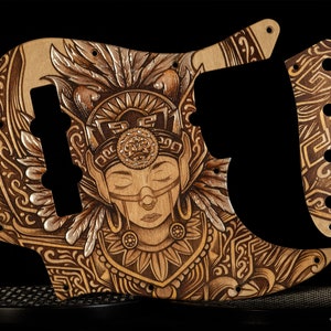 Unique 3D Textured Jazz Bass Pickguard Cream-Brown Wood SET Meditation Engraved Hand Painted Pearl Accents + Scratch Resistant Resin