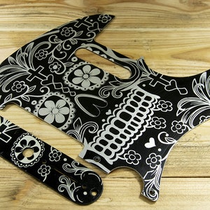 Aluminum Telecaster Pickguard & Tele Control Plate SET Black-Silver Sugar Skull Metal Tele Scratchplate