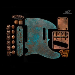 May include: A collection of guitar hardware components featuring a teal and copper patina finish. Includes a pickguard, control plate, bridge assembly, six tuning pegs, a neck plate, knobs, and various screws, all arranged on a black background.
