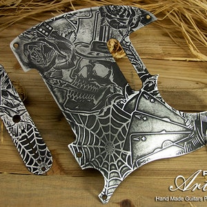 Plaque à gratter Telecaster en aluminium gravé, argent-noir, tatouage, crâne, roses, relique vieillie, fait main