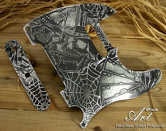Engraved Aluminum Telecaster Pickguard Silver-Black Tattoo Skull Roses Gambling Aged Relic Tele Scratchplate Hand Made