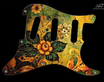 Metal Fender Stratocaster Strat Pickguard SSS Floral Victorian Green-Flaming Orange-Gold Flowers Strat Anodized Aluminum 1.5mm
