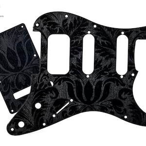Stratocaster Professional II HSS Pickguard 11 Holes & Backplate Tremolo Cover SET Matte Black Engraved Leaves Unique