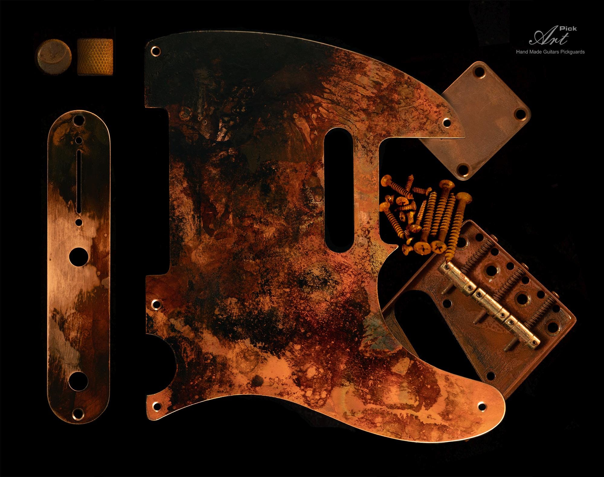 Premium Copper Telecaster Pickguard Big SET-of-7 "Volcano" + Copper Plated Steel Bridge + Neck Plate + Knobs: Distressed Copper with Patina