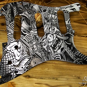 Aluminum Stratocaster SSS Pickguard Koi Fish and Samurai Silver-Black Engraved and Aged Unique Relic