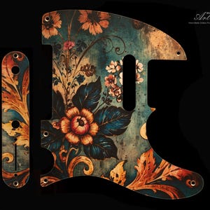 May include: A guitar pickguard set with a floral design. The pickguard and control plate feature a teal background with orange, pink, and white flowers and leaves. The text "Pick Art" is visible in the upper right corner. The pickguard has pre-drilled holes.