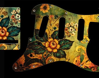 Metal Stratocaster Pickguard SSS Set-of-2 Green Floral Victorian Flowers Strat Scratch Plate Anodized Aluminum 1.5mm