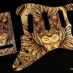 Stratocaster SSS Pickguard SET-of-2 Meditation Engraved and Hand Painted in Acrylic on Wood - Cream-Brown Hand Made Strat Pickguard