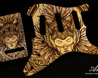 Stratocaster SSS Pickguard SET-of-2 Meditation Engraved and Hand Painted in Acrylic on Wood - Cream-Brown Hand Made Strat Pickguard