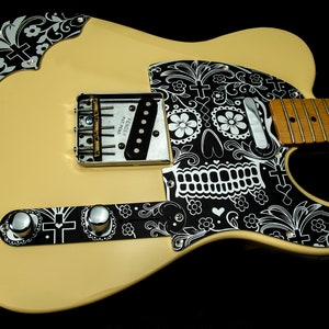 Aluminum Telecaster Pickguard SET-of-3 with Telecaster Armrest and Control Plate Black-Silver Sugar Skull Metal Tele Pickguard