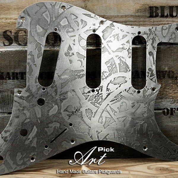 Stratocaster SSS Pickguard Silver Steel Metal Engraved Celtic Branches Abstract 11 Holes Unique Strat Scratch Plate